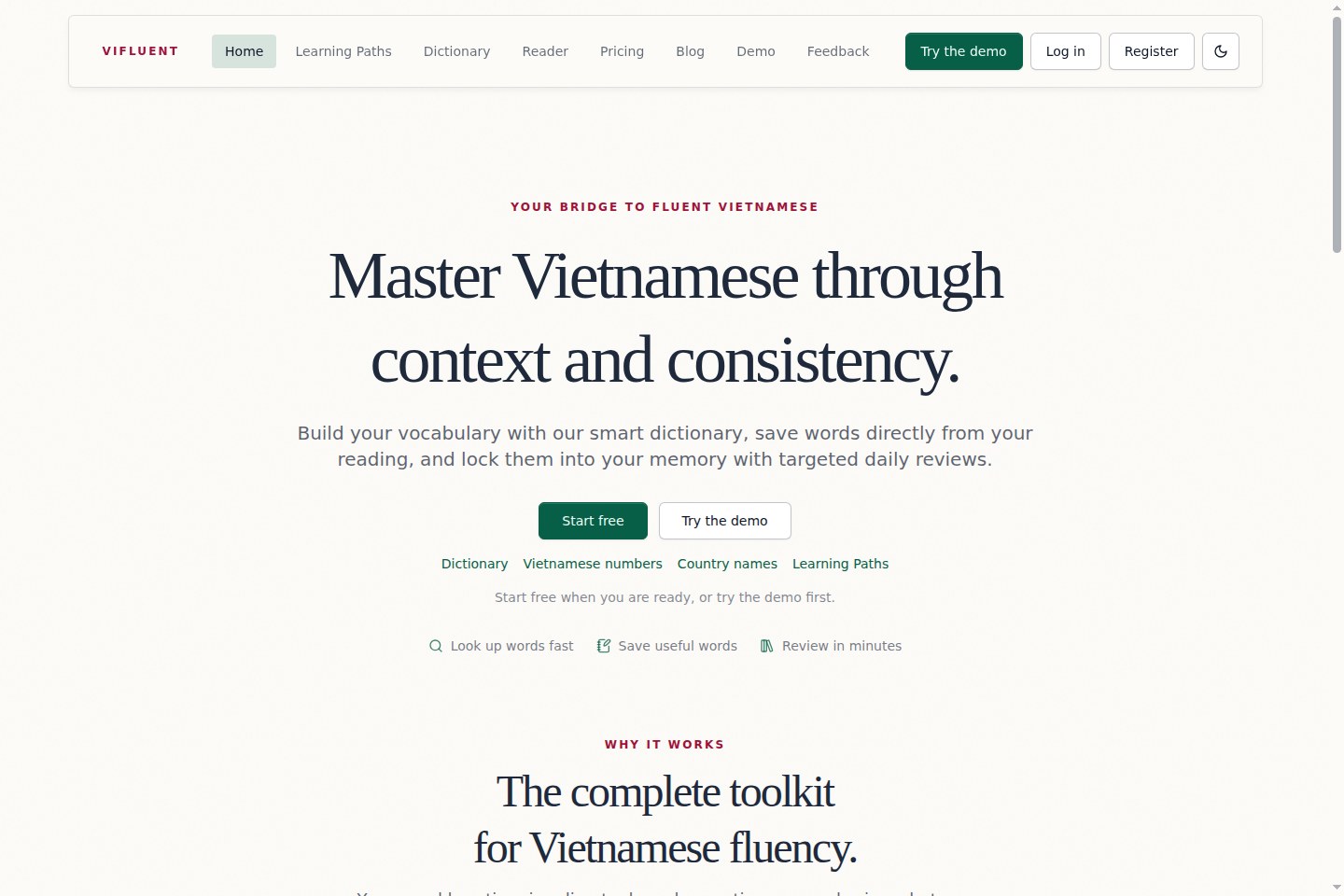 Vifluent Vietnamese learning homepage with dictionary and review tools